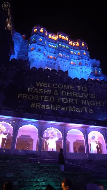 Mehrangarh Fort lit in blue for a snow-themed wedding night